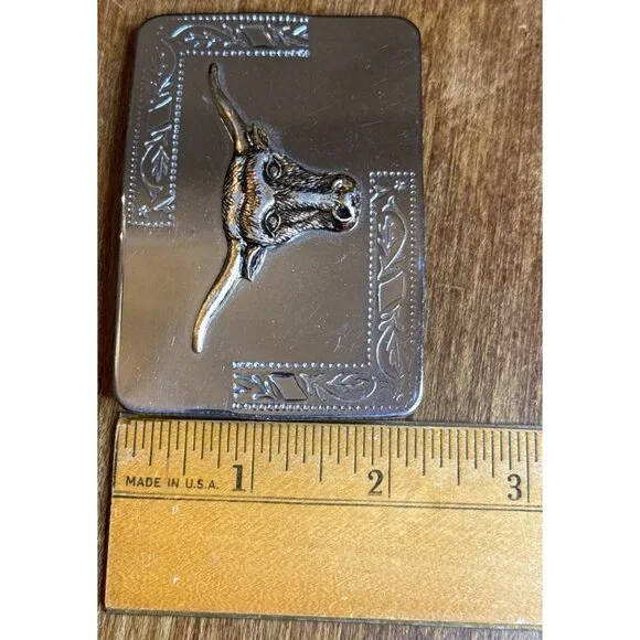 Vintage Longhorn Steer Head Western Belt Buckle Silver Tone Gold Accent - Picture 8 of 8